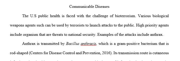 Research the different types of organisms that could be used to create an epidemic as a result of bioterrorist activity