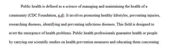 Think about the field of public health and careers available for a public health professional.