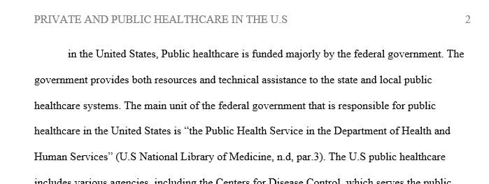 Describe in 150-250 words your understanding of Public and Private healthcare in the U.S.