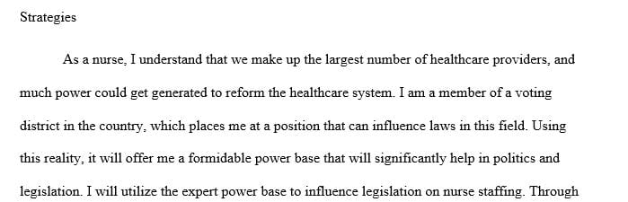 Develop a plan for influencing votes of legislators on nurse patient staffing ratios.
