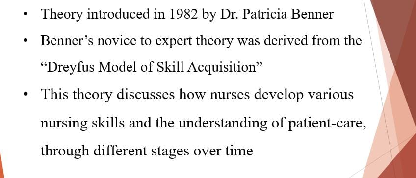 Analyze Benner's novice to expert theory. 