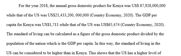 Compare Kenya to the United States on each of the economic variables listed below for the year 2019