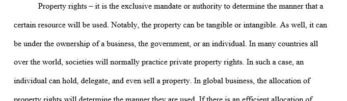 Define property rights, corruption, and economic progress, political systems and their impact on global business.