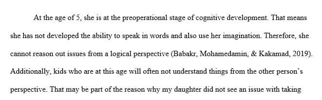 Describe the stage of cognitive development of the child in each scenario.