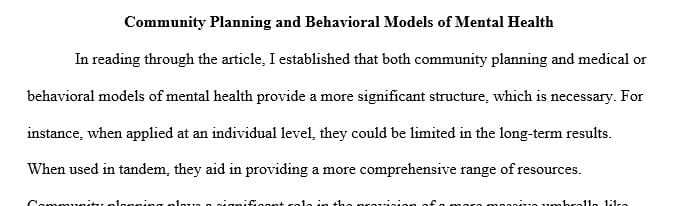How does community planning compare to the medical or behavioral models of mental health