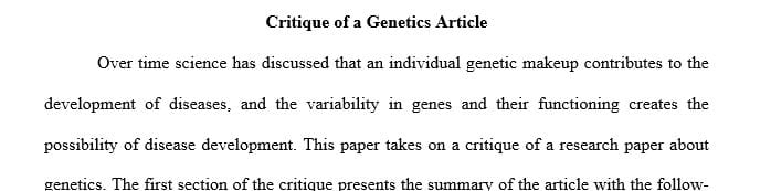 Critique an article on one of the following genetics