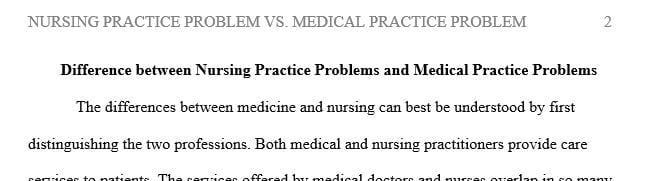 Describe the difference between a nursing practice problem and a medical practice problem.