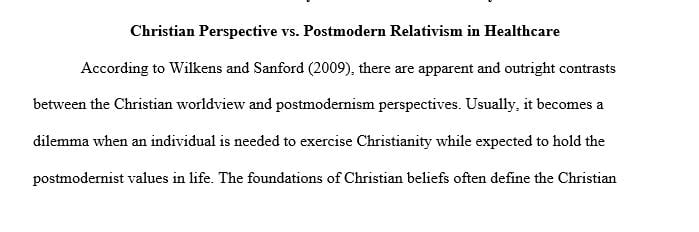 Explain the Christian perspective of the nature of spirituality and ethics in contrast to the perspective of postmodern relativism within health care.