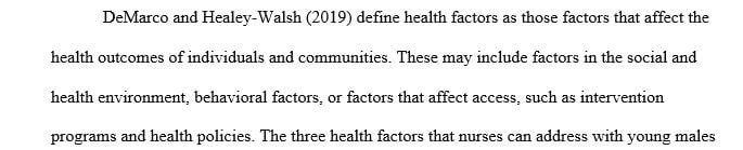 What health factors can nurses address to work with young males of a community to improve overall health