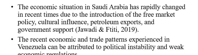 How economic, political and cultural development of Saudi Arabia and Venezuela since 1992 has influenced their economic growth and trade competitiveness. 