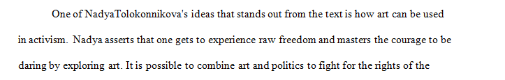 Write at least 200 words that connect Nadya Tolokonnikova's ideas and stories