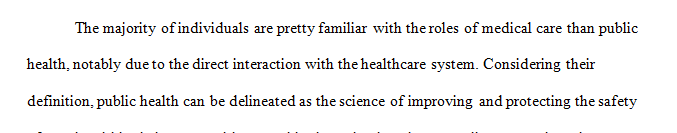 Public health is charged primarily with healthcare prevention and promotion for the community as a whole.