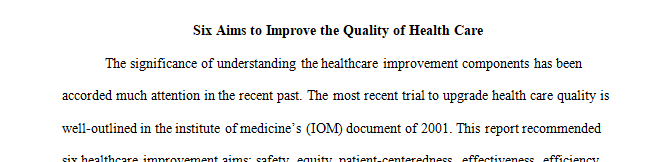 Research the six aims and propose how you will assist your healthcare organization to achieve one of the aims.