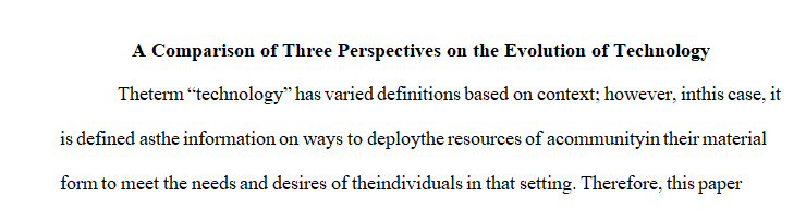 Write a short compare-and-contrast essay that defines and explains three distinct perspectives on the evolution of technology. 