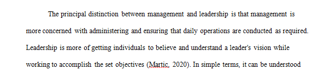 Describe the difference in roles between leadership and management.