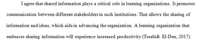 Why is shared information so important in a learning organization in comparison to an efficient performance organization