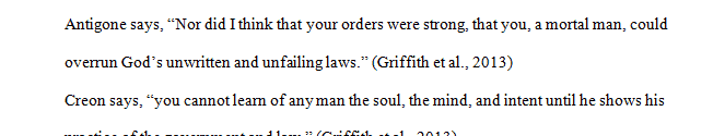 Write 150 words about the conflict between Creon’s decree and Antigone’s allegiance to a different law.