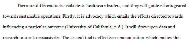 Find 2 to 3 tools or resources available to health care leaders to help guide their efforts toward sustainable operations