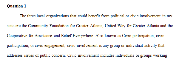Investigate local organizations and make a list of three different organizations or efforts in the local community