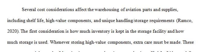 Identify the various costs involved with warehousing of materials and parts related to an aviation or aerospace operation