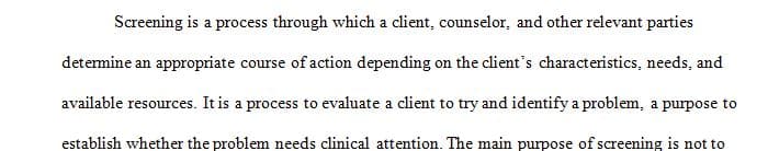 Definition and description of screening, assessment, and treatment planning