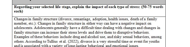 Analyze the overall impact of various types of stress on your selected life stage
