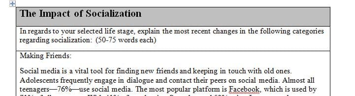 Use that selected life stage to analyze the overall impact of socialization on your selected life stage