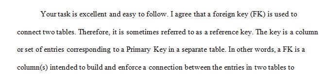 A foreign key is a column or can also be a combination of multiple columns in a relational database that has links to data in two tables