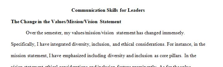 How did your valuesvisionmission statement change over the semester