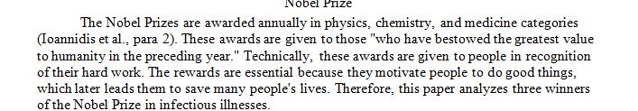 Write a one page single spaced paper essay on a noble prize winner on infectious diseases