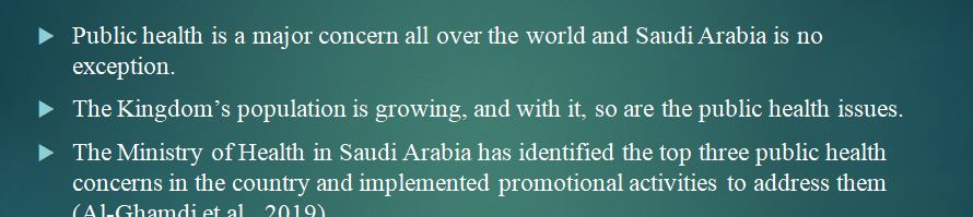 Presentation on Public Health Concerns and Promotional Activities in Saudi Arabia