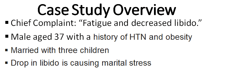 Chief Complaint: Fatigue and decreased libido.  
