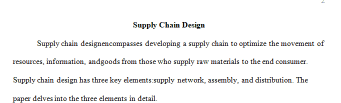 Discuss the three distinct elements in supply chain design: supply network, assembly, and distribution.  